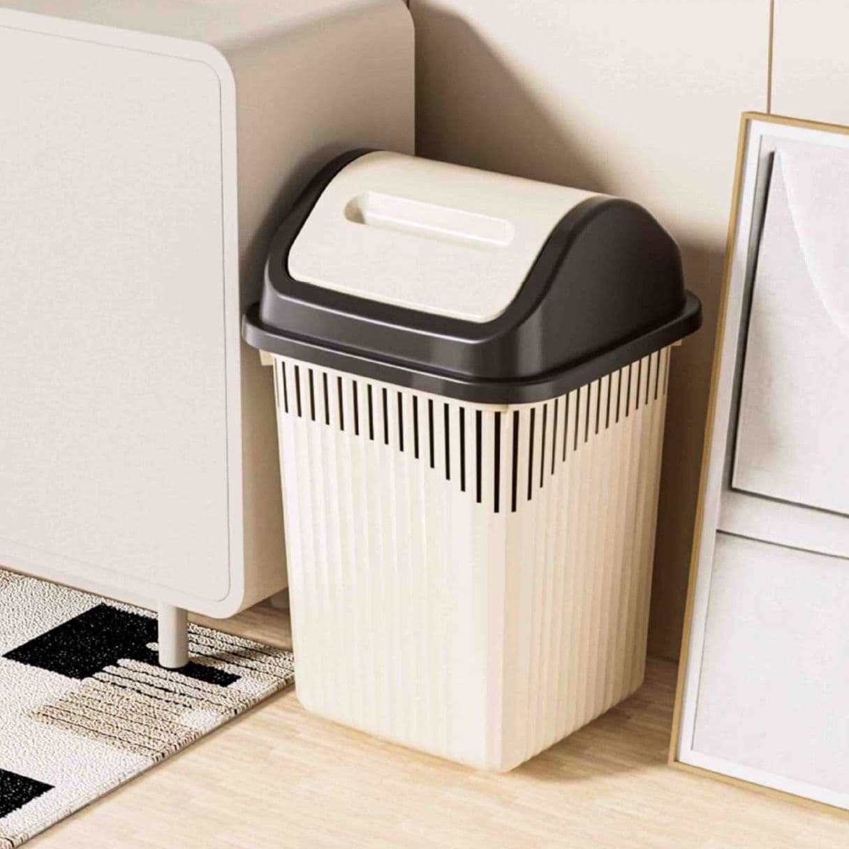 10L 縦型押し蓋式取っ手付きストライプデザインごみ箱
