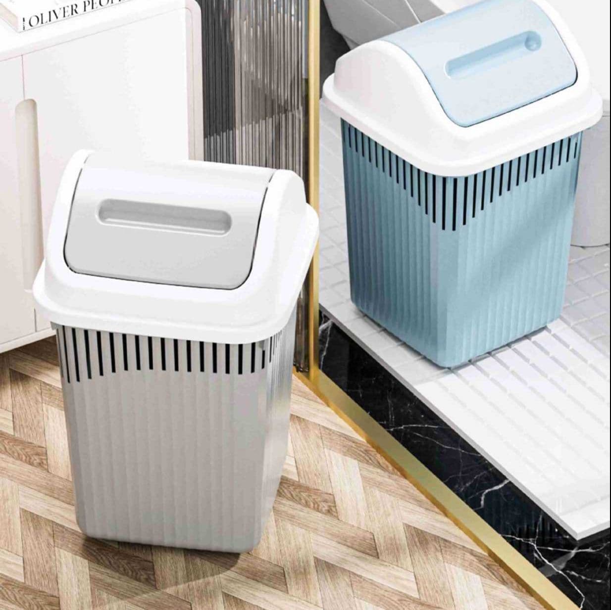 10L 縦型押し蓋式取っ手付きストライプデザインごみ箱