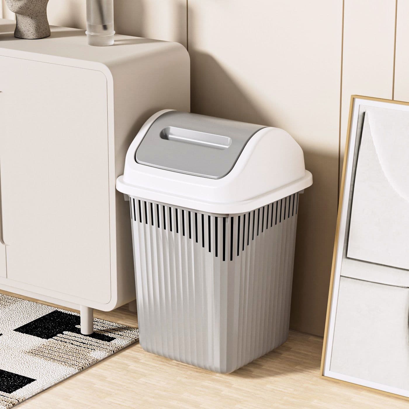 10L 縦型押し蓋式取っ手付きストライプデザインごみ箱